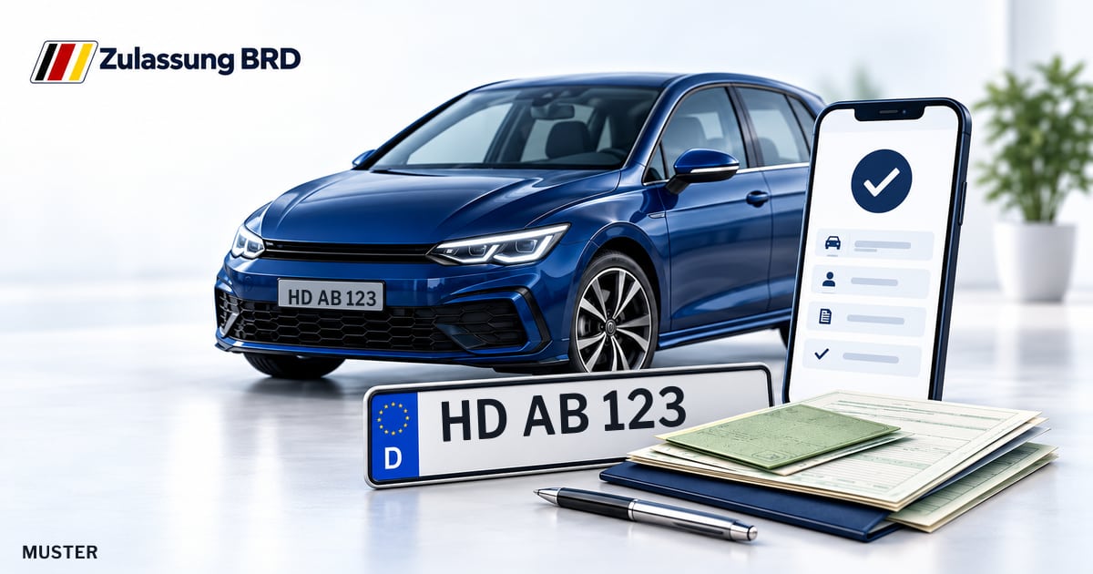 Online Fahrzeugzulassung in Neckargemünd: Musterkennzeichen HD AB 123, Auto und Fahrzeugpapiere und Smartphone. Illustration mit Logo von Zulassung BRD.